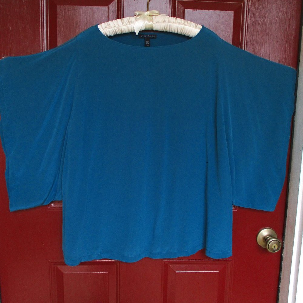 Eileen Fisher Blouse 100% Silk LARGE Marine Blue Batwing Sleeves EUC